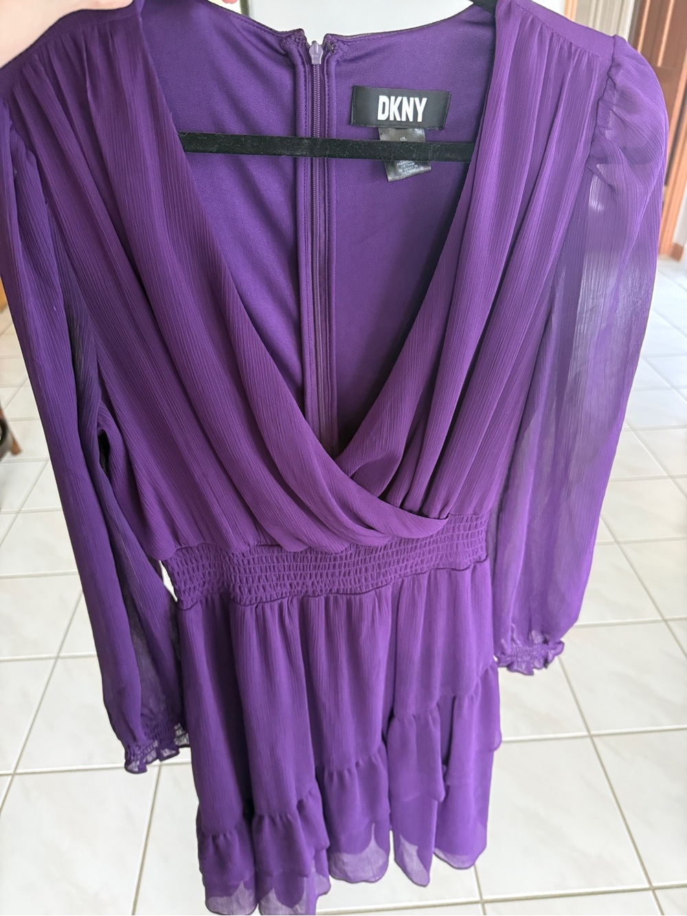 DKNY Plum Purple Chiffon Faux Wrap Dress | Long Sleeve Ruffle Hem